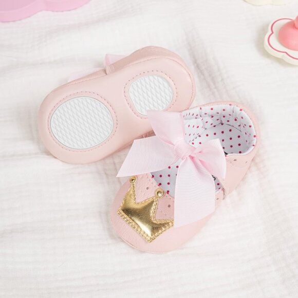 Infant Pink Gold Polyurethane Baby Girls Handmade Princess Flats First Walkers - Picture 3 of 6